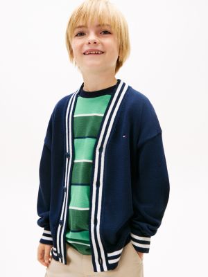 Kids' Stripe Trim V-Neck Cardigan, Dark Night Navy