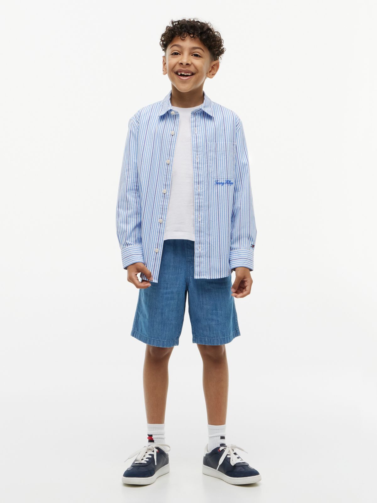 Kids' Striped Stretch Poplin Shirt — Copenhagen Blue Stripe