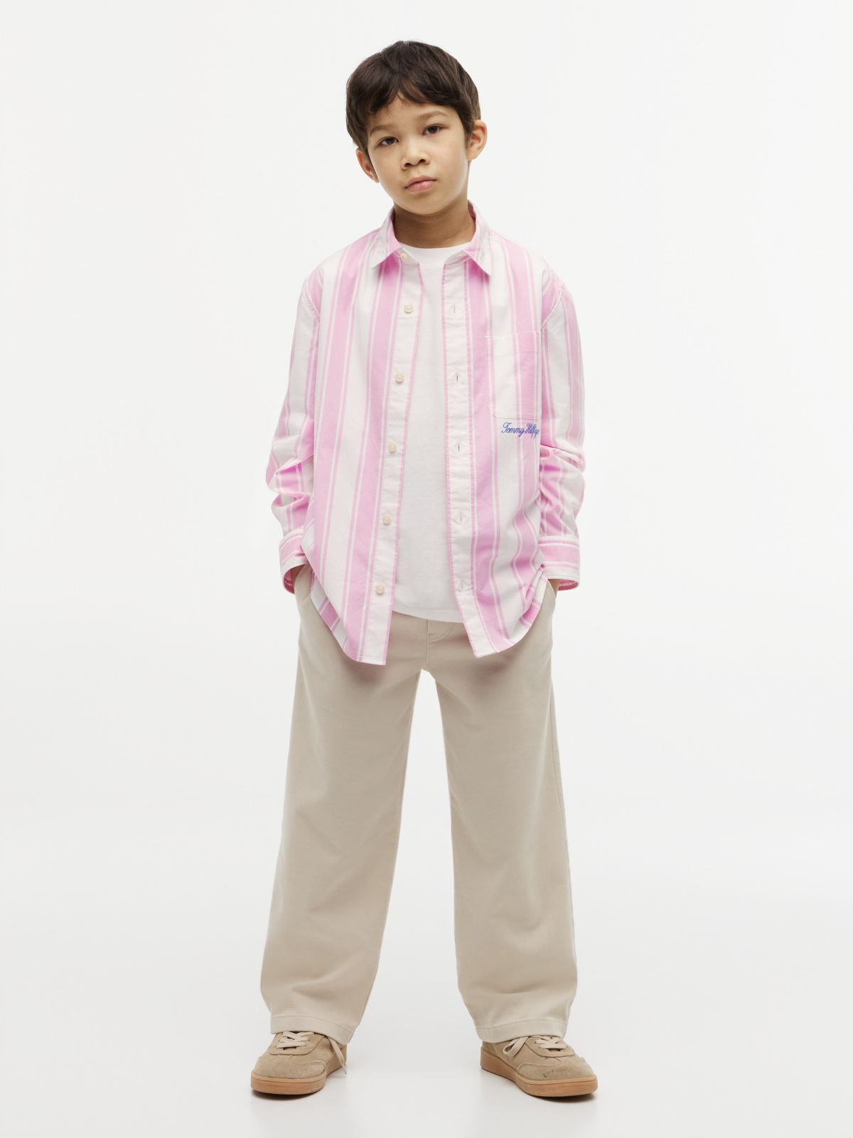 Kids' Striped Stretch Poplin Shirt — Pink Daisy Stripe