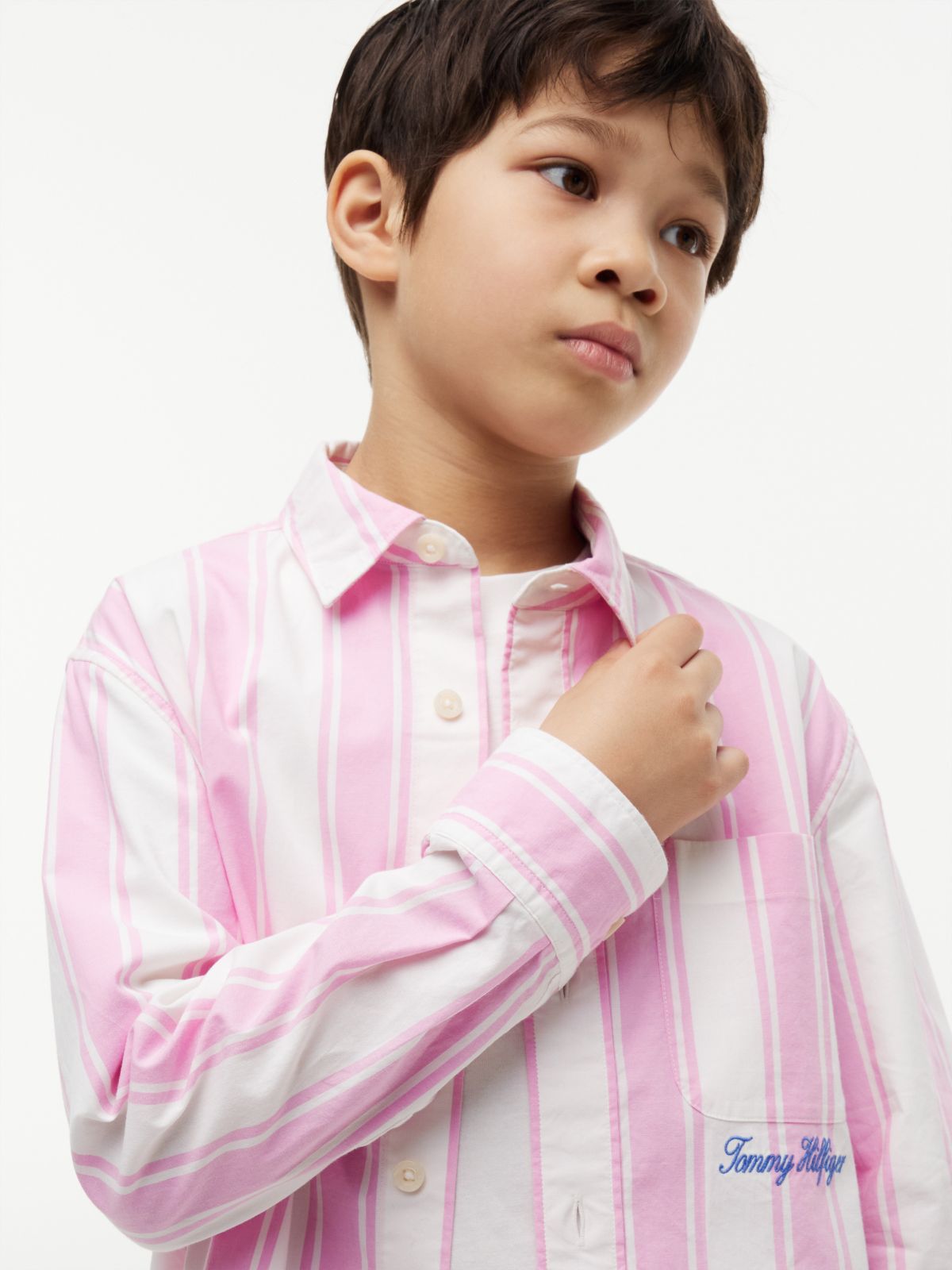 Kids' Striped Stretch Poplin Shirt — Pink Daisy Stripe