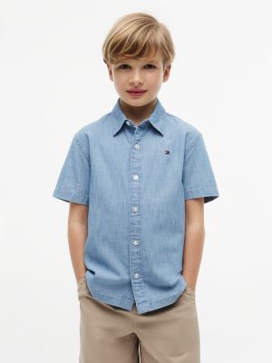 Kids' Graphic Logo Chambray Shirt, Light Denim