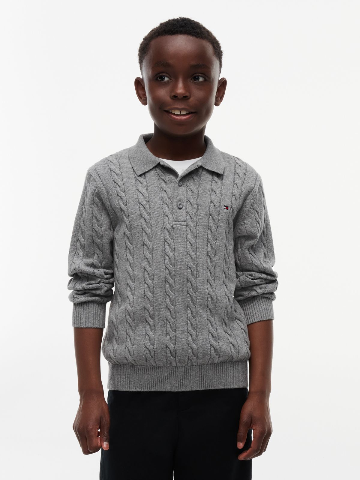 Kids' Cable Knit Sweater Polo — Medium Grey Heather