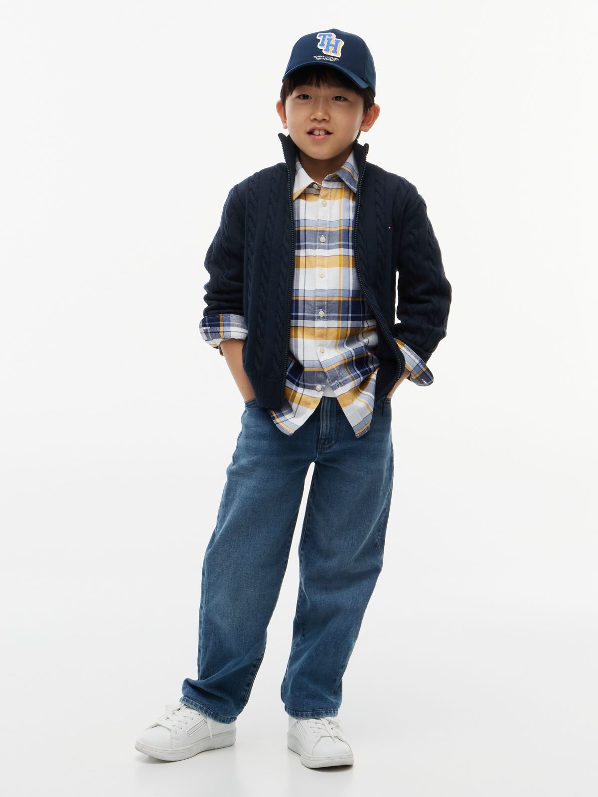 Kids' Cable Knit Zip Cardigan — Dark Blue