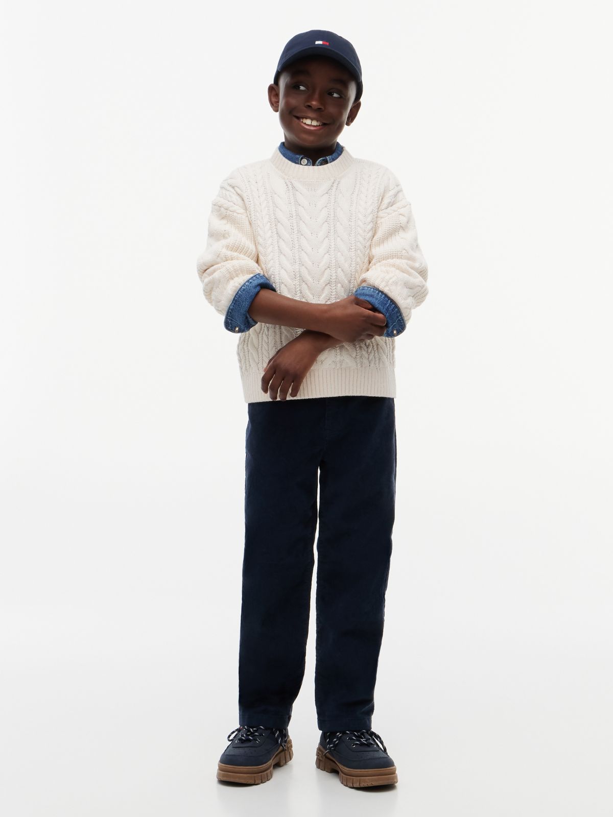 Kids' Tommy Logo Cable Knit Sweater — Ivory Petal