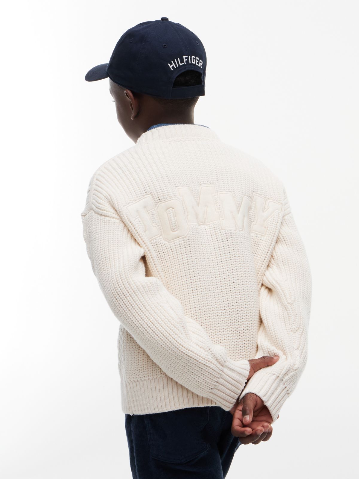 Kids' Tommy Logo Cable Knit Sweater — Ivory Petal