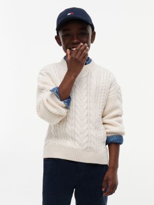 Kids' Tommy Logo Cable Knit Sweater, Ivory Petal