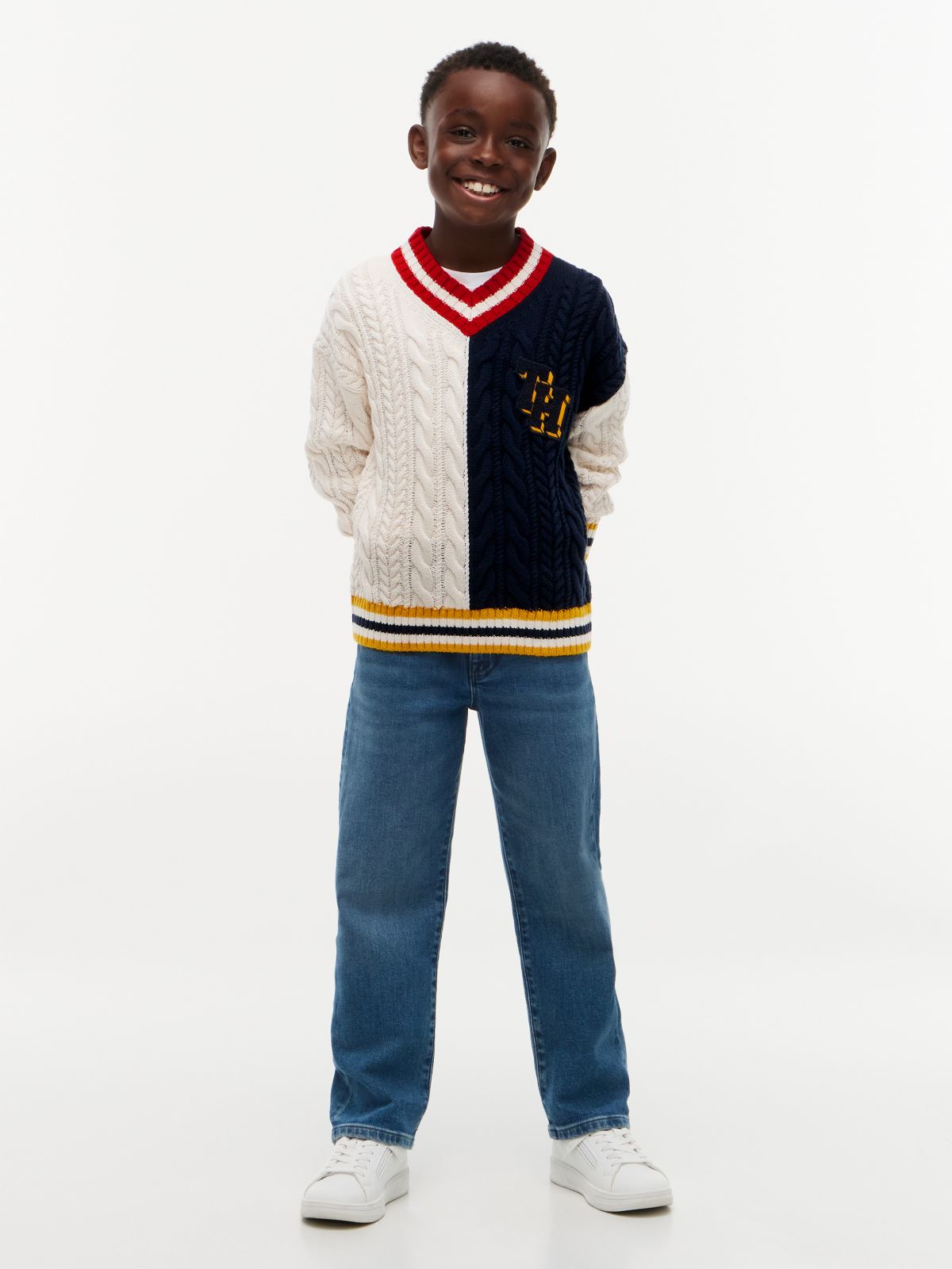 Kids' Monogram Cable Knit Rugby Sweater — Ivory/Navy