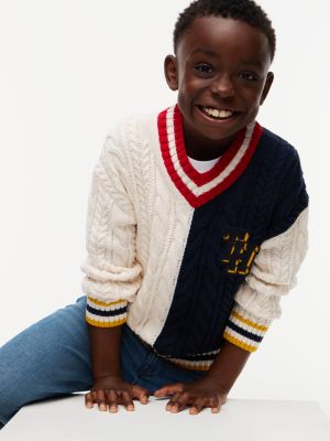 Детский свитер Tommy Hilfiger Monogram Cable Knit Rugby Sweater, цвет: Слоновая кость / Тёмно-синий — фото 3