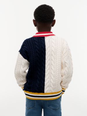 Детский свитер Tommy Hilfiger Monogram Cable Knit Rugby Sweater, цвет: Слоновая кость / Тёмно-синий — фото 4