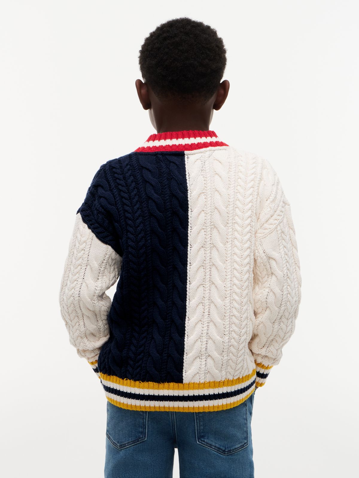Kids' Monogram Cable Knit Rugby Sweater — Ivory/Navy