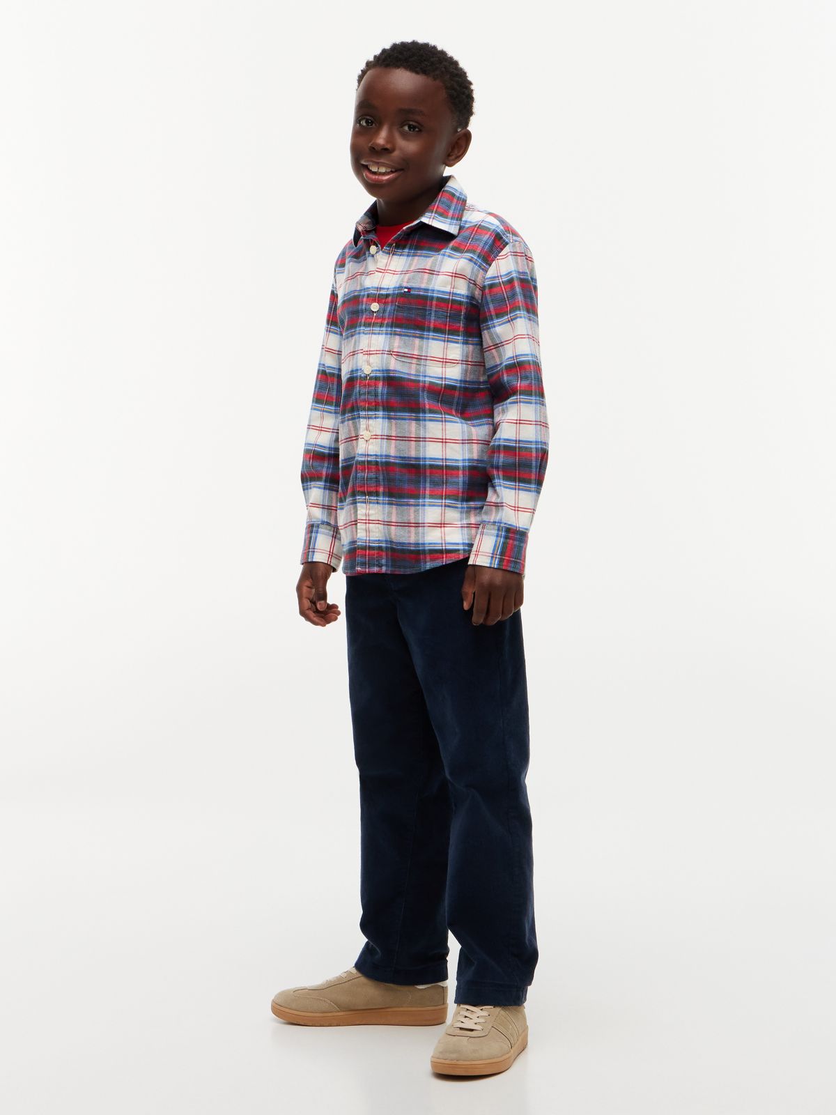 Kids' Check Stretch Shirt — Dark Blue