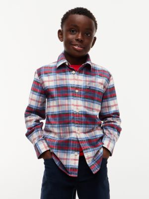 Kids' Check Stretch Shirt, Dark Blue