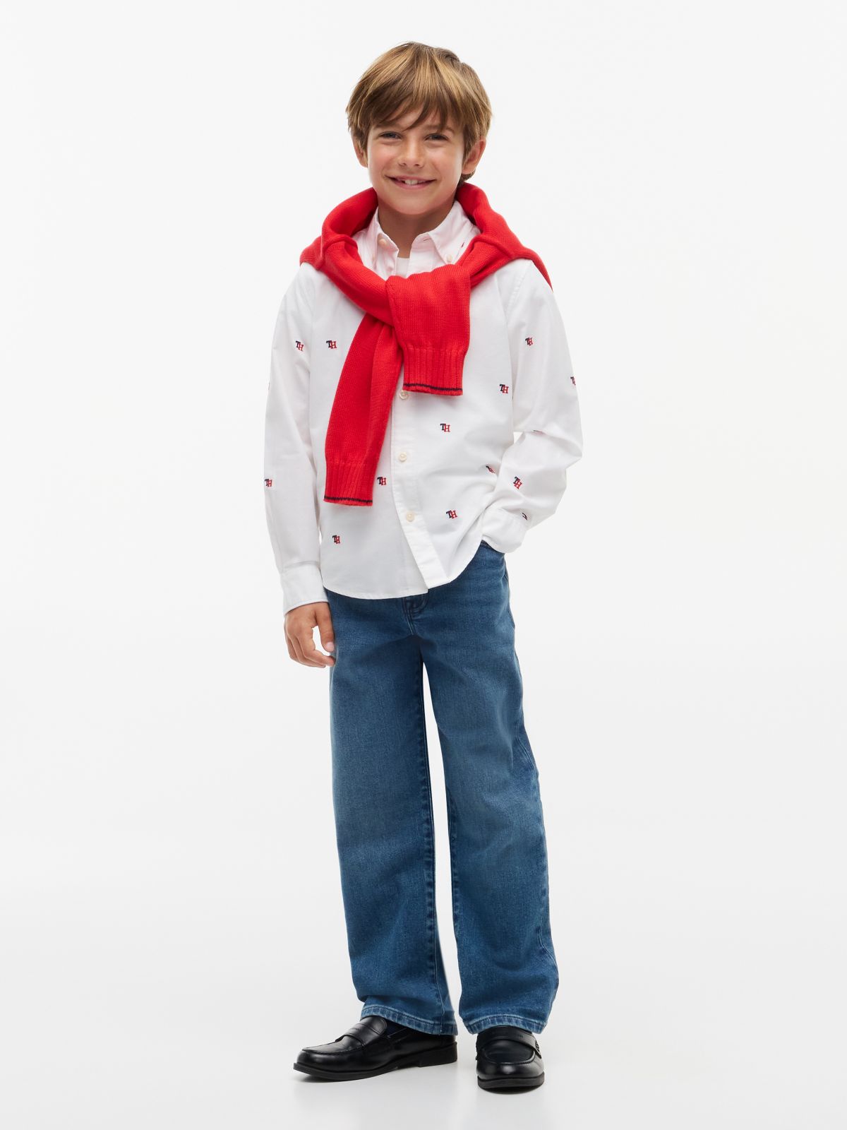 Kids' Allover Monogram Stretch Oxford Shirt — White