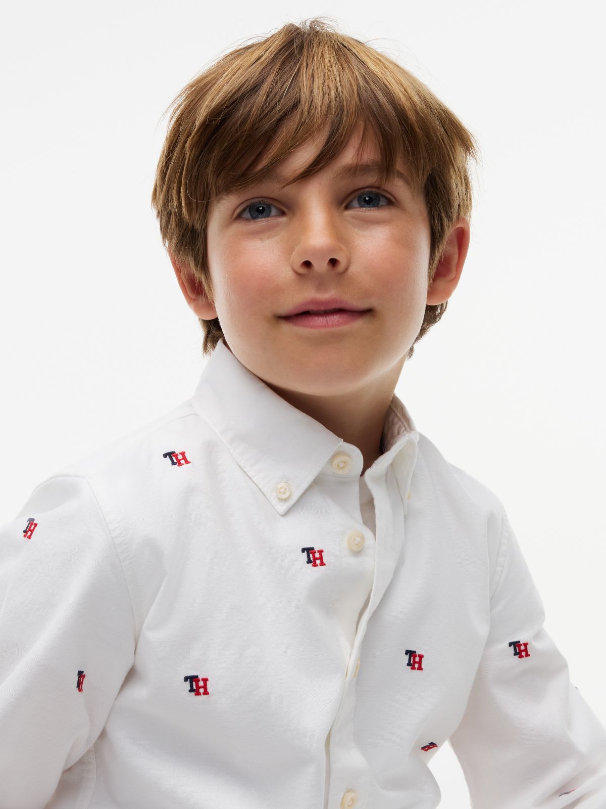 Kids' Allover Monogram Stretch Oxford Shirt — White