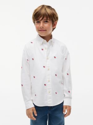 Kids' Allover Monogram Stretch Oxford Shirt, White