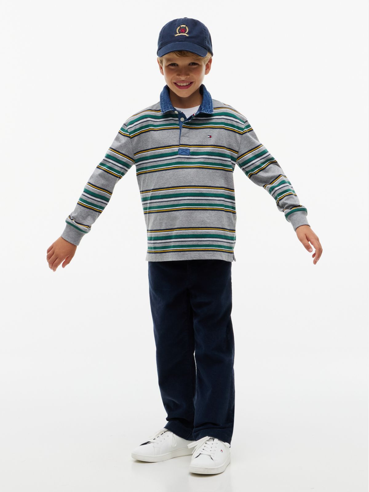 Kids' Denim Accents Striped Rugby Polo — Medium Grey Heather Stripes