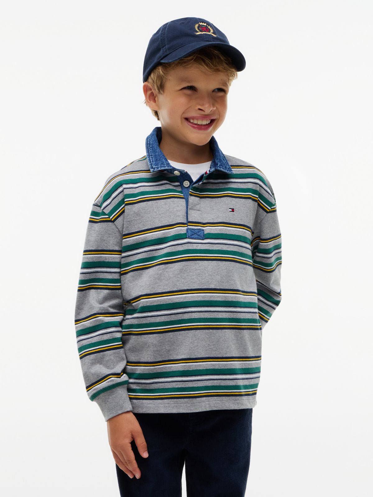 Kids' Denim Accents Striped Rugby Polo — Medium Grey Heather Stripes