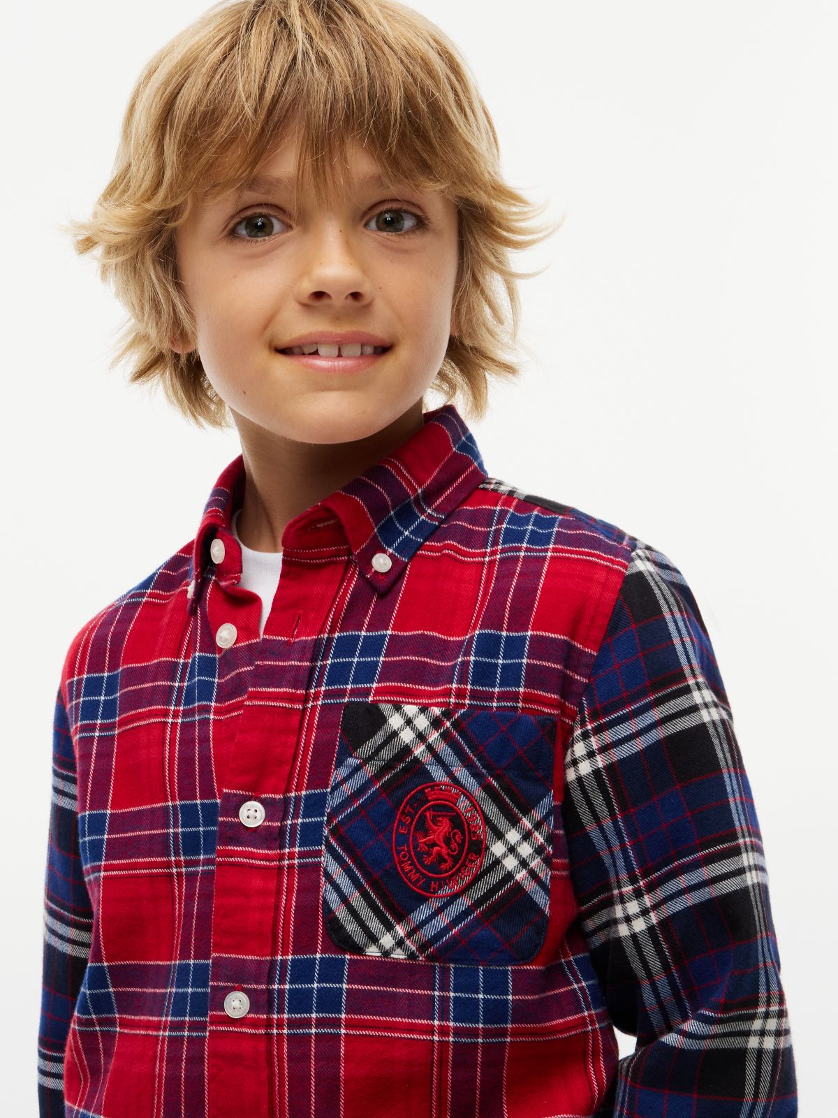 Kids' Crest Logo Multicheck Shirt — Black Check