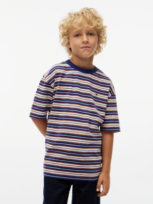 Kids' Striped T-Shirt, Blue/Orange Stripe