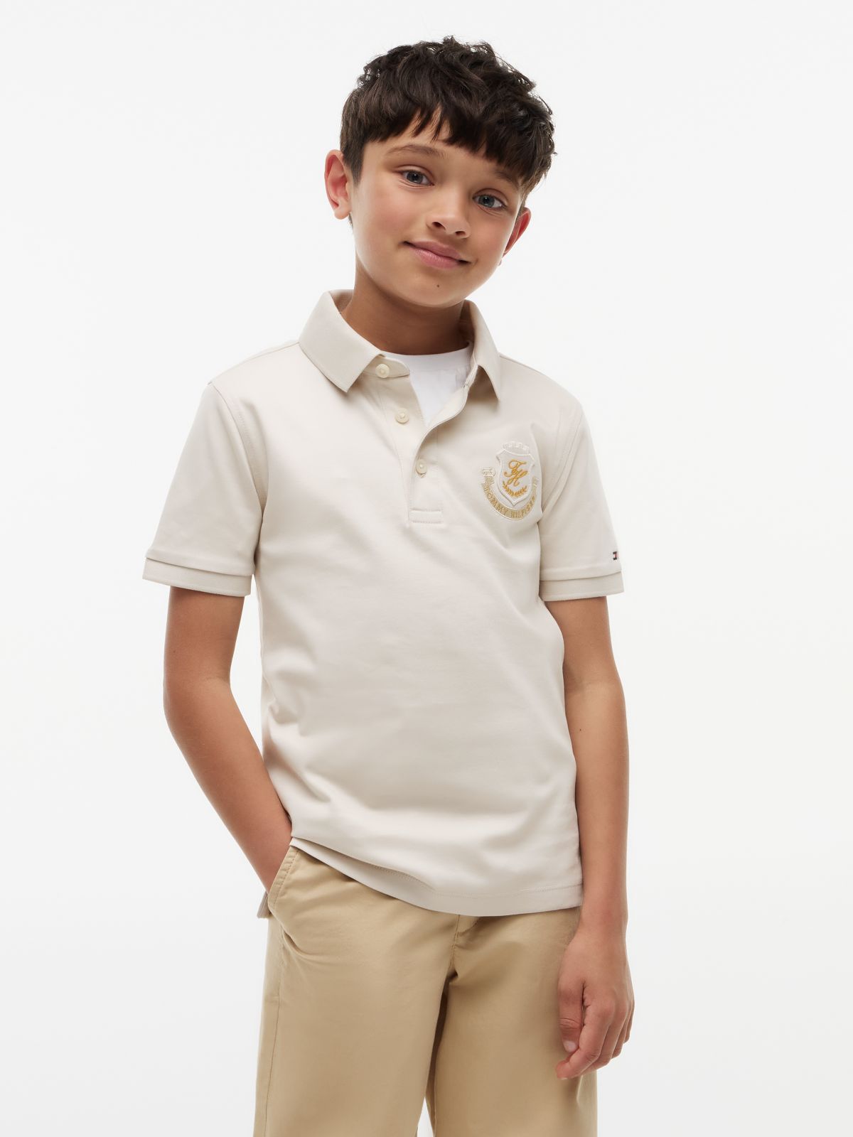 Kids' Shield Badge Logo Polo — Beige