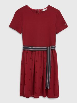 Kids' TH Monogram Bow Dress, Rouge