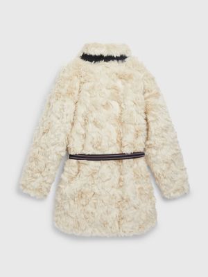 Kids' TH Monogram Logo Belted Fur Jacket, Ivory Petal