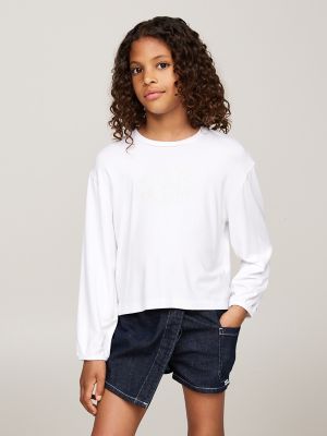 Kids' Glitter Flower Logo T-Shirt, White