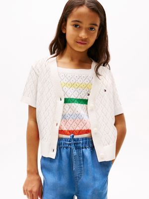 Kids' V-Neck Crochet Cardigan, Ivory Petal