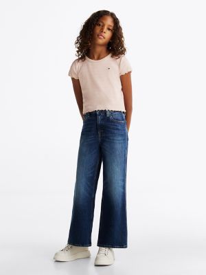 Kids' Stripe Ribbed Scallop-Trim Top, Classic Beige Pink Sugar Stripe