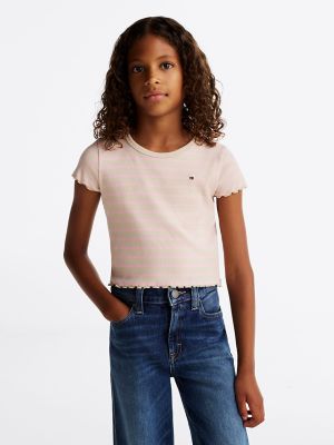 Kids' Stripe Ribbed Scallop-Trim Top, Classic Beige Pink Sugar Stripe
