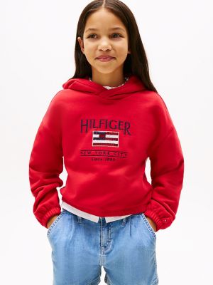 Kids' Sequin Flag Logo Hoodie, Primary Red