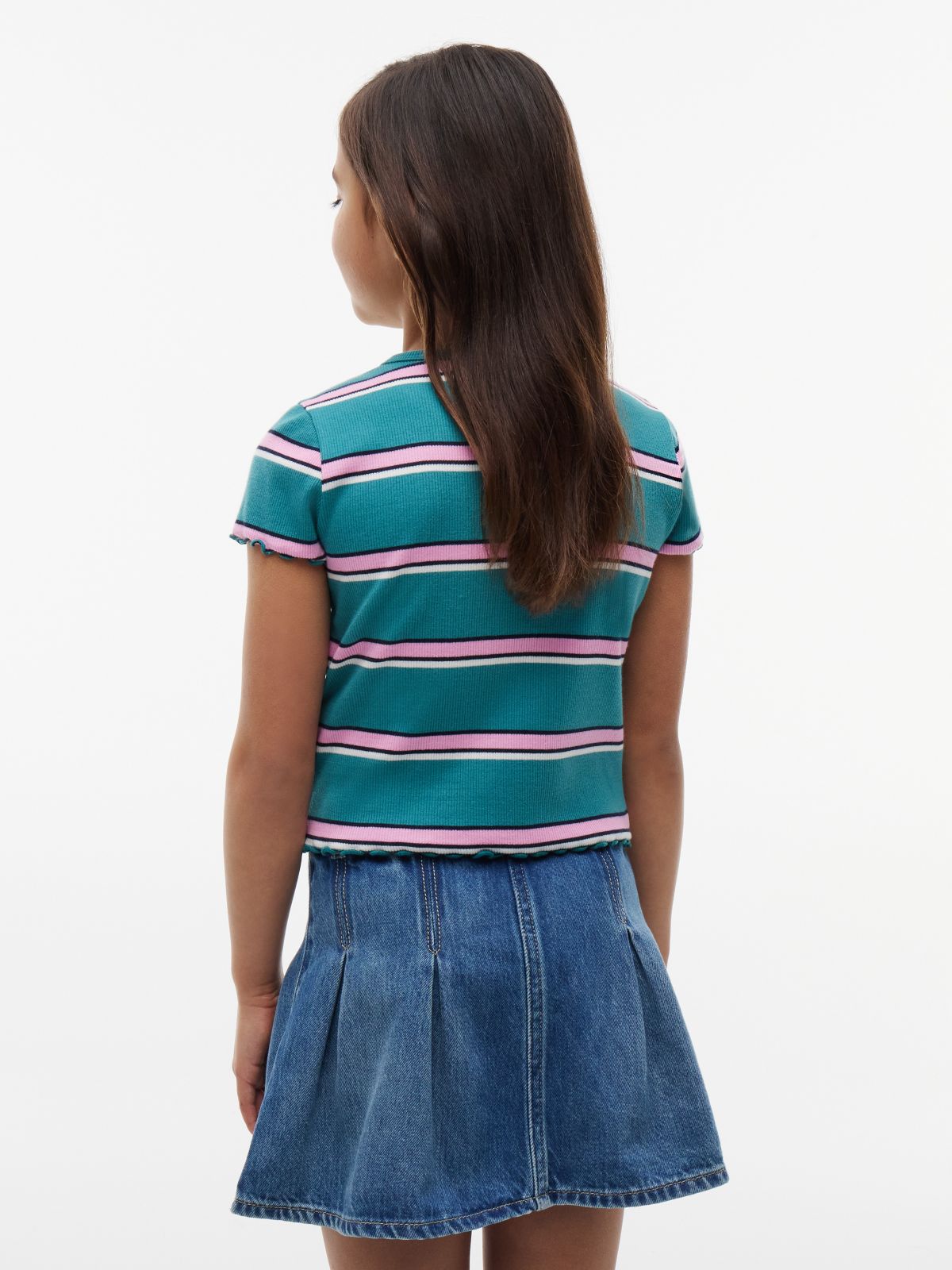 Kids' Lettuce-Trim Ribbed Top — Platinum Teal Stripes