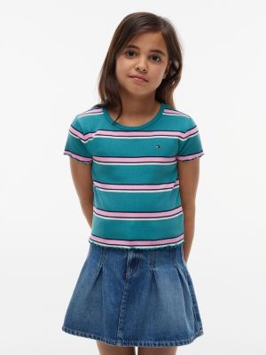 Kids' Lettuce-Trim Ribbed Top, Platinum Teal Stripes