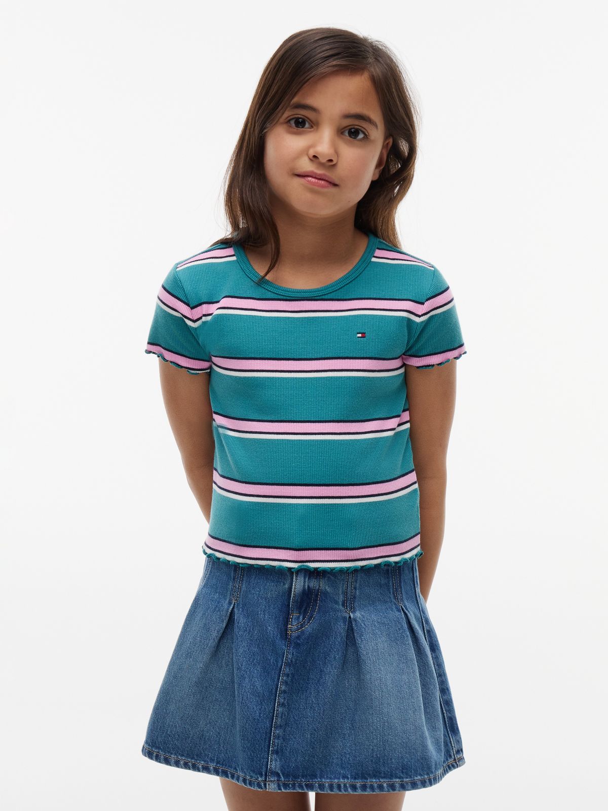 Kids' Lettuce-Trim Ribbed Top — Platinum Teal Stripes