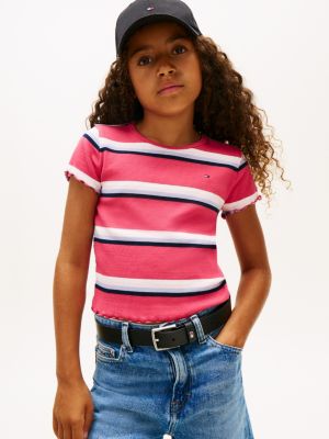 Kids' Scoop-Trim Ribbed Top, Vintage Cerise Stripes