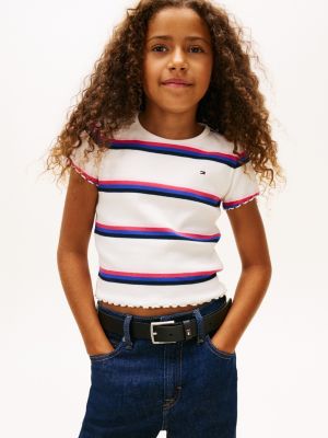 Kids' Scoop-Trim Ribbed Top, Ancient White Stripes