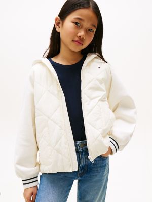 Kids' Mixed Media Hooded Quilted Jacket, Ivory Silk