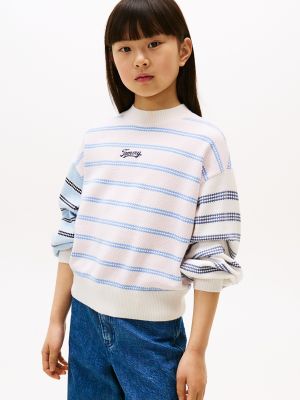 Kids' Balloon-Sleeve Multistripe Sweater, Light Pink Multistripes
