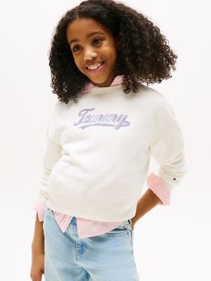 Kids' Script Sequin Logo Sweatshirt, Ivory Silk