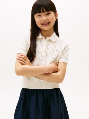 Kids' Pointelle Polo Sweater, Ivory Petal