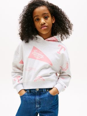 Chandail à capuchon à logo mixte sur l’ensemble pour enfants, gris chiné / rose pâle