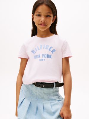 Kids' Curved Hilfiger Graphic T-Shirt, Light Pink