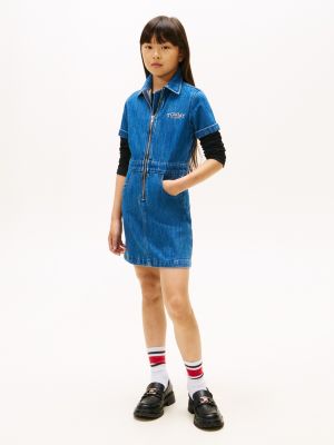 Kids' Short-Sleeve Logo Denim Dress, Denim Medium soft