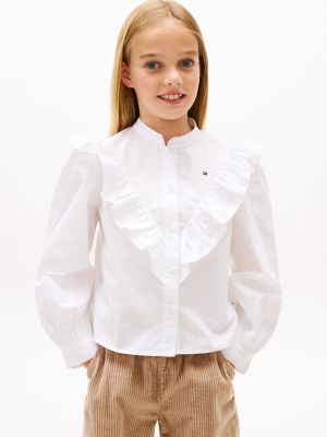 Kids' Long-Sleeve Ruffle Shirt, White