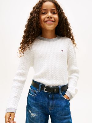 Kids' Shimmer Mini Cable Knit Sweater, Ivory Silk