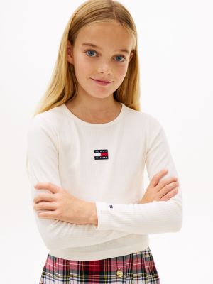 Kids' Long-Sleeve Badge Ribbed T-Shirt, Ancient White