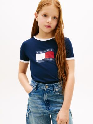 Kids' Wavy Flag Logo Ringer T-Shirt, Navy