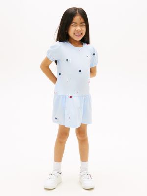 Kids' Puff-Sleeve Embroidered Dress, Sweet Blue AOP