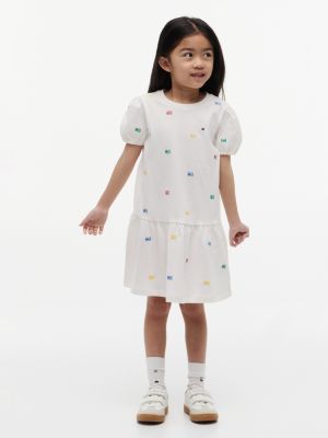 Kids' Puff-Sleeve Embroidered Dress, Ancient White Flag Aop
