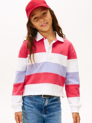 Kids' Colorblock Polo Sweatshirt, Vintage Cerise Stripes